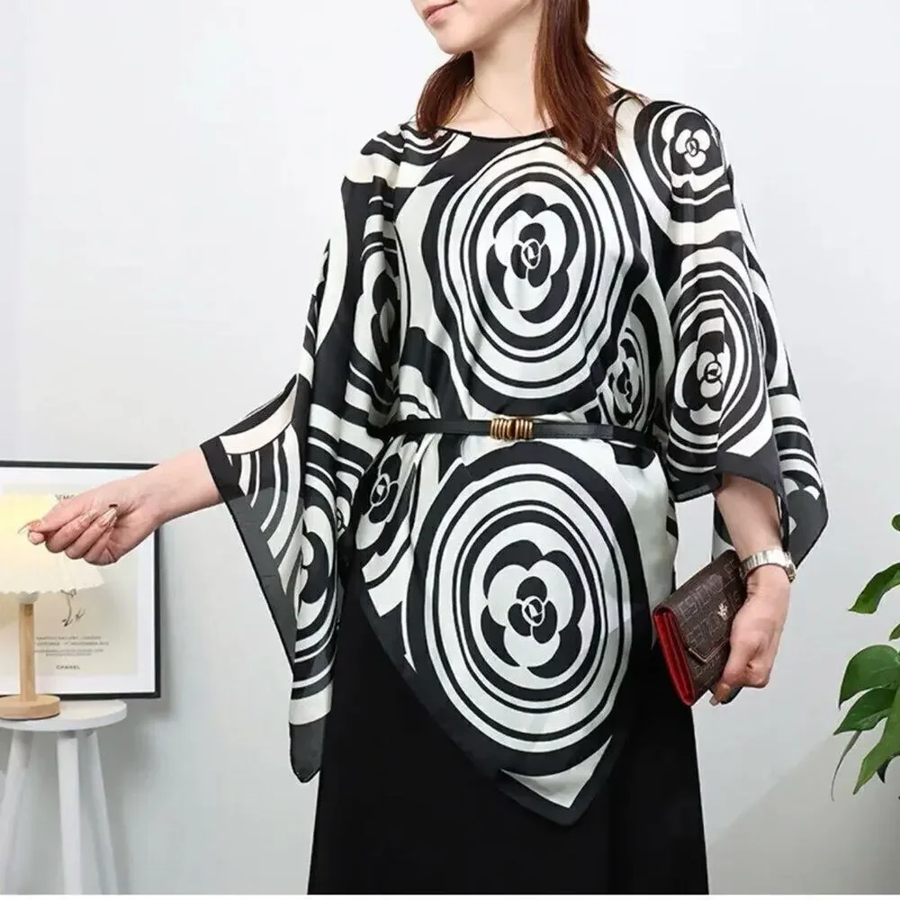 COCO Black White Camelia Flower Print Scarf Silk Shawl Scarf